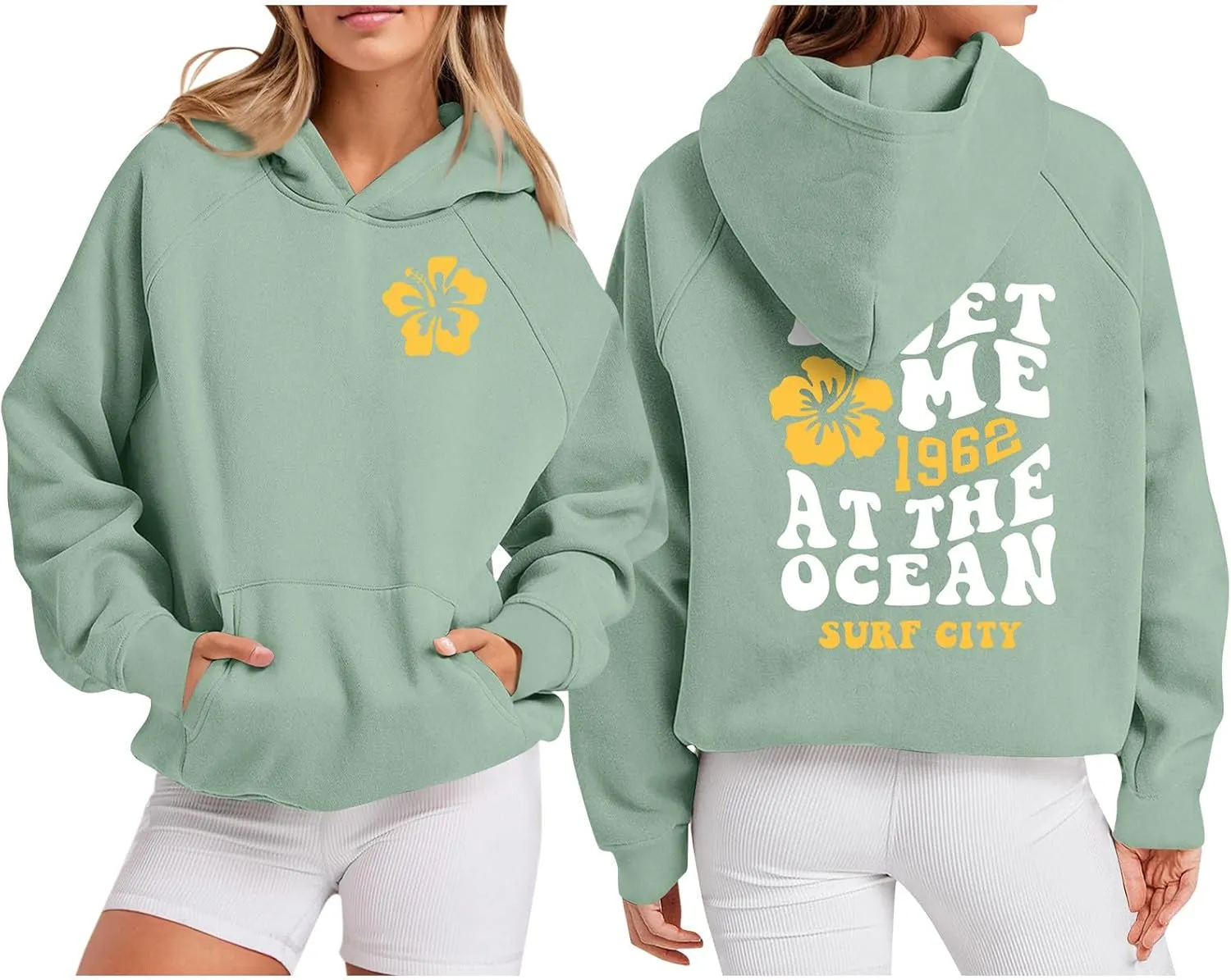 Meet Me 1962 At The Ocean Hoodies Long Sleeve Hooded Sweatshirt Trendy Letter Print Cute Preppy Y2K Pullover Tops