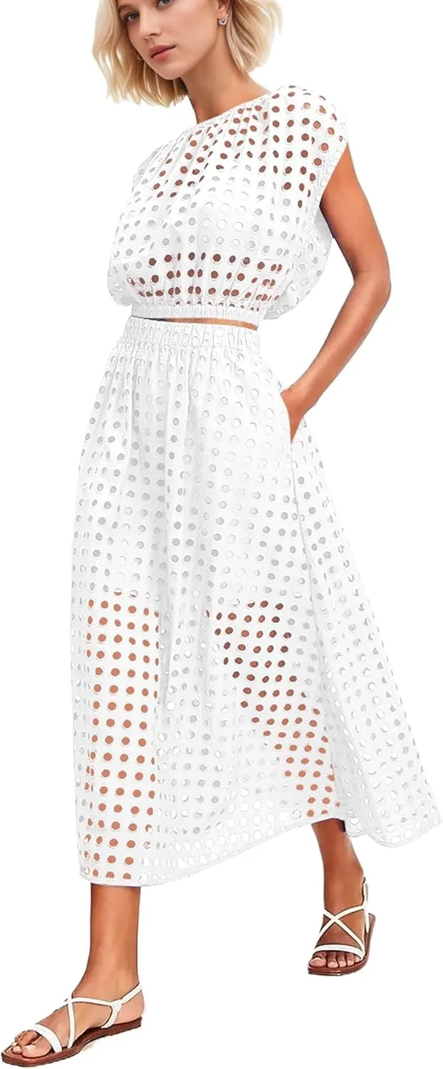 Melliflo Womens Eyelet Hollow Out 2 Piece Outfits Summer Sleeveless Crop Top Elastic High Waist Maxi Skirt Set Beachwear