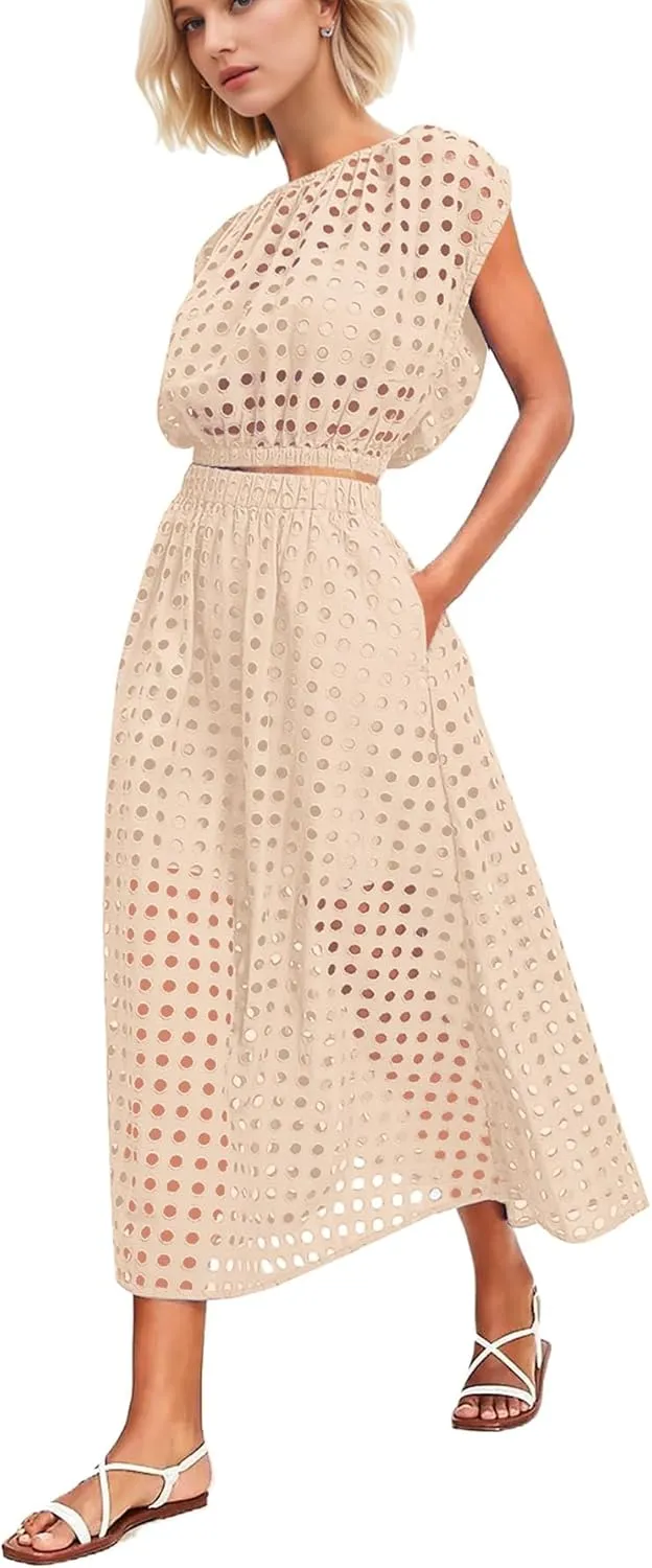 Melliflo Womens Eyelet Hollow Out 2 Piece Outfits Summer Sleeveless Crop Top Elastic High Waist Maxi Skirt Set Beachwear