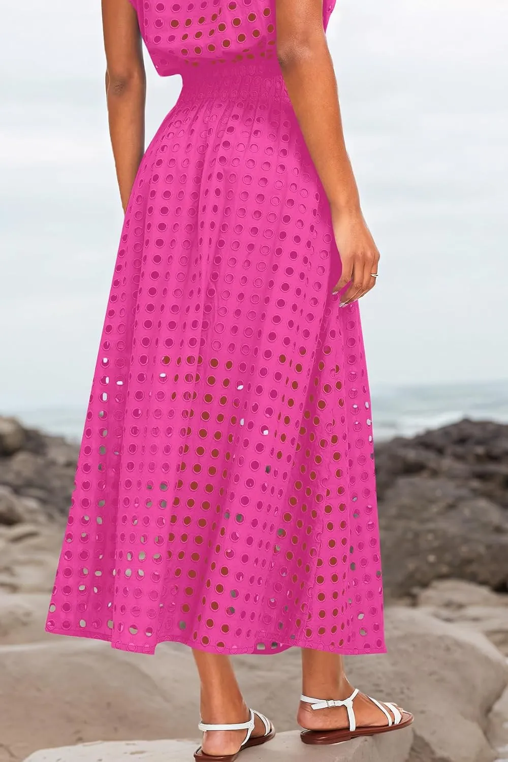Melliflo Womens Eyelet Hollow Out 2 Piece Outfits Summer Sleeveless Crop Top Elastic High Waist Maxi Skirt Set Beachwear