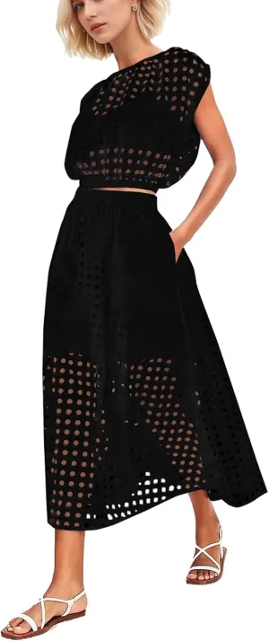 Melliflo Womens Eyelet Hollow Out 2 Piece Outfits Summer Sleeveless Crop Top Elastic High Waist Maxi Skirt Set Beachwear