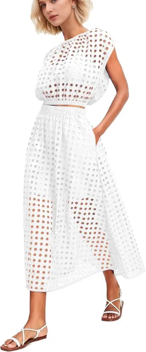 Melliflo Womens Eyelet Hollow Out 2 Piece Outfits Summer Sleeveless Crop Top Elastic High Waist Maxi Skirt Set Beachwear