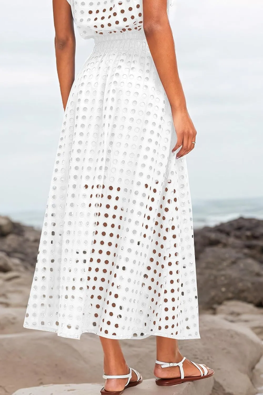 Melliflo Womens Eyelet Hollow Out 2 Piece Outfits Summer Sleeveless Crop Top Elastic High Waist Maxi Skirt Set Beachwear