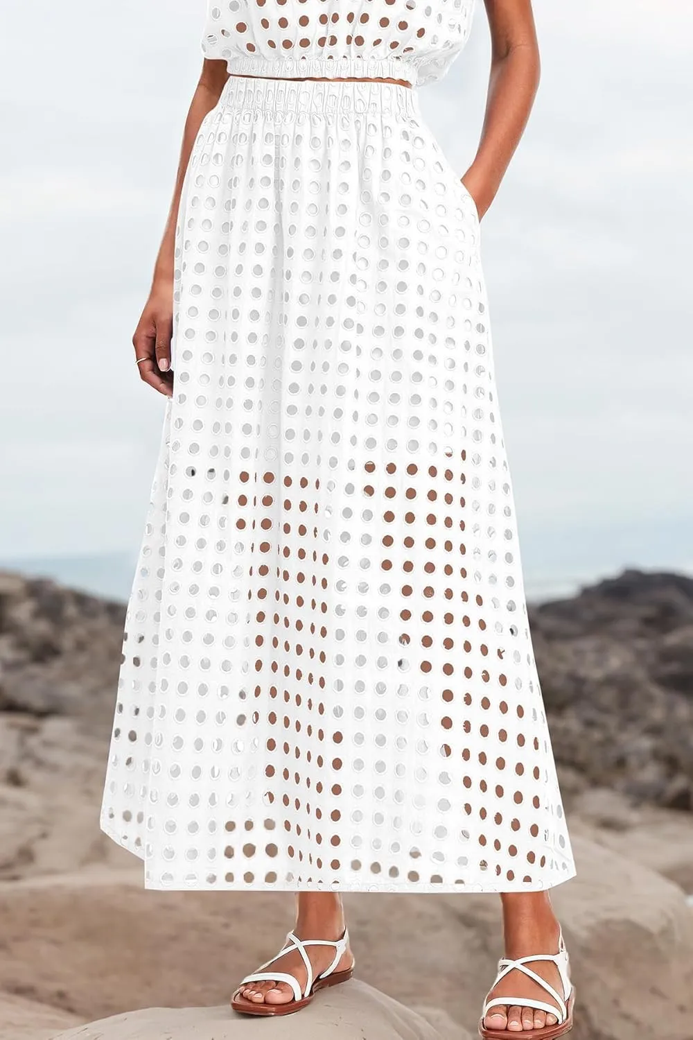 Melliflo Womens Eyelet Hollow Out 2 Piece Outfits Summer Sleeveless Crop Top Elastic High Waist Maxi Skirt Set Beachwear