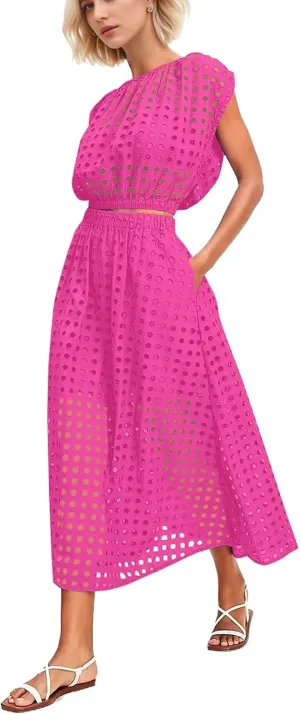Melliflo Womens Eyelet Hollow Out 2 Piece Outfits Summer Sleeveless Crop Top Elastic High Waist Maxi Skirt Set Beachwear