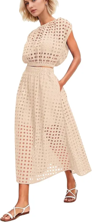 Melliflo Womens Eyelet Hollow Out 2 Piece Outfits Summer Sleeveless Crop Top Elastic High Waist Maxi Skirt Set Beachwear