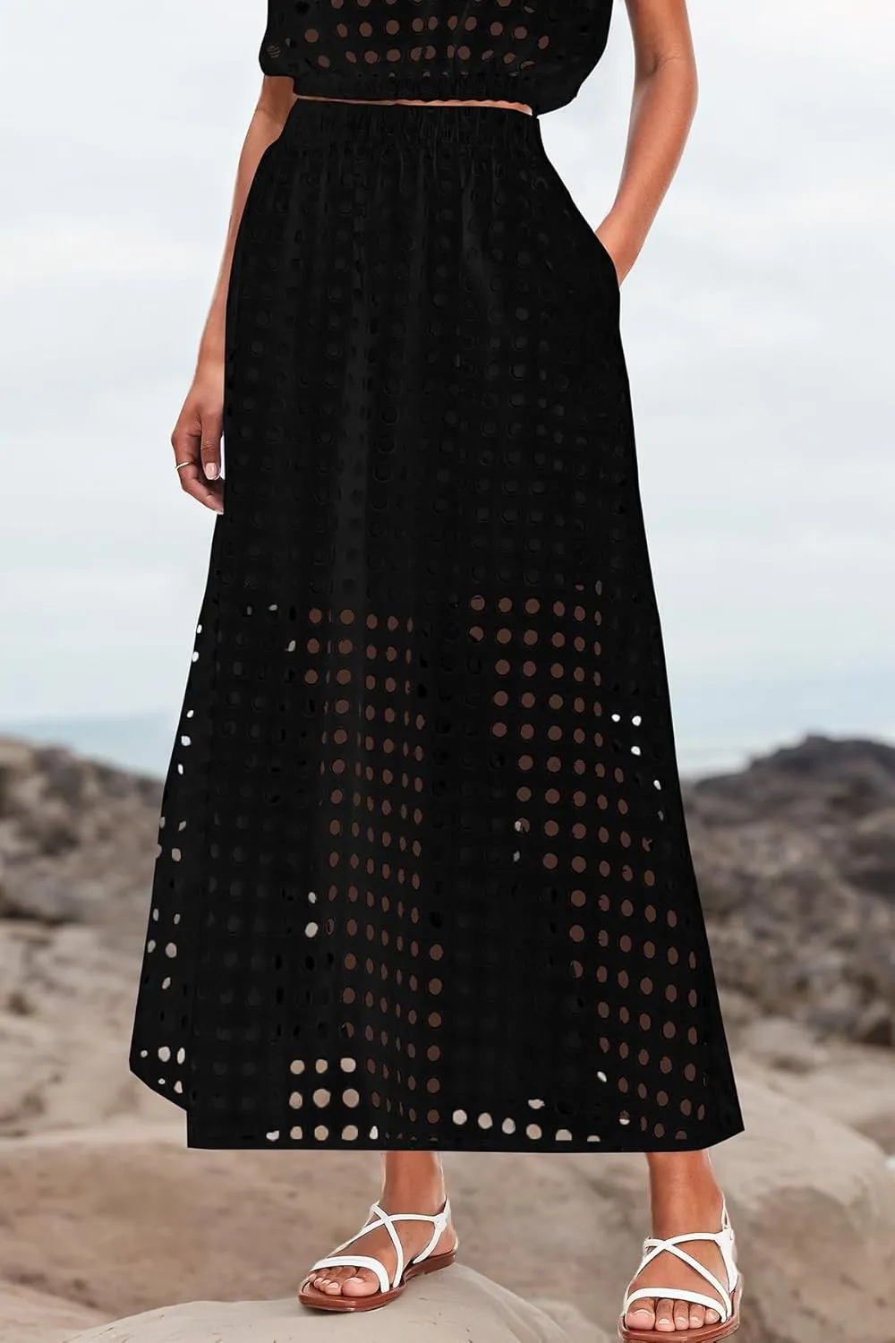 Melliflo Womens Eyelet Hollow Out 2 Piece Outfits Summer Sleeveless Crop Top Elastic High Waist Maxi Skirt Set Beachwear