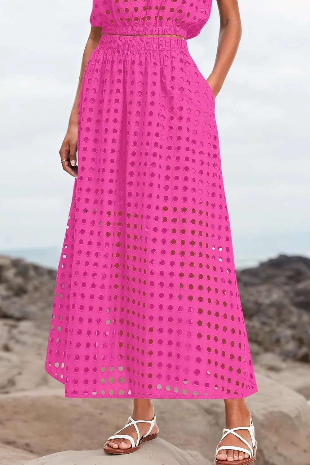 Melliflo Womens Eyelet Hollow Out 2 Piece Outfits Summer Sleeveless Crop Top Elastic High Waist Maxi Skirt Set Beachwear