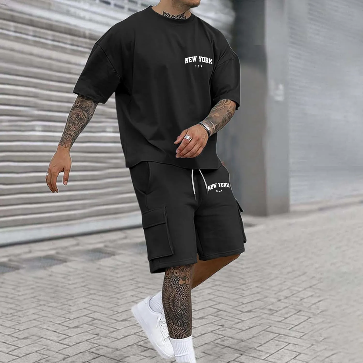 Men Outfits 2 Piece Fashion Casual Summer Drop Shoulder Oversize Tee Shirt Shorts Set Athletic Jogging Tracksuit