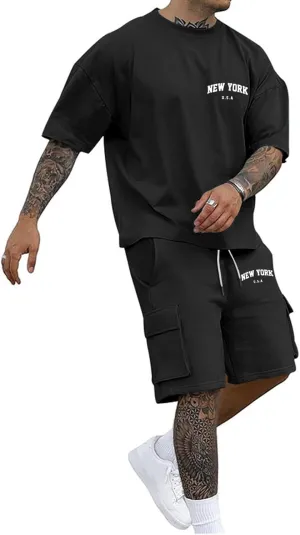 Men Outfits 2 Piece Fashion Casual Summer Drop Shoulder Oversize Tee Shirt Shorts Set Athletic Jogging Tracksuit