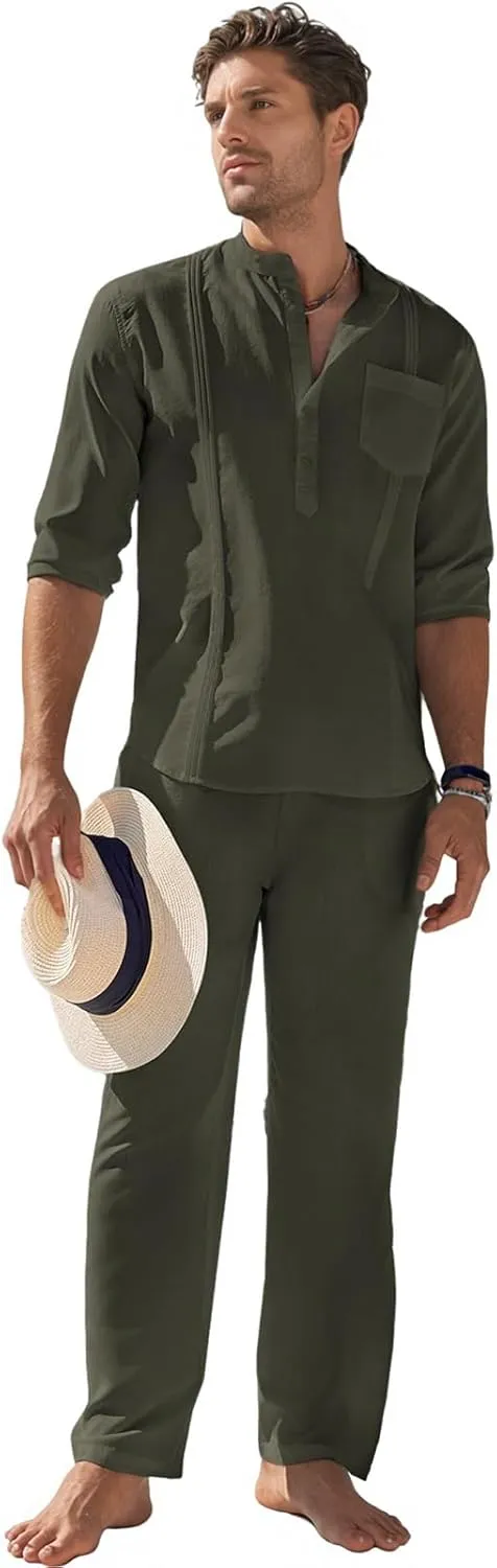 Men's 2 Piece Set Long Sleeve Casual Henley Shirts Loose Pants Set Lounge Vacation Outfits Summer Beach Set