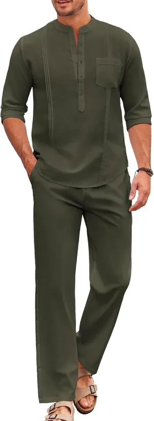 Men's 2 Piece Set Long Sleeve Casual Henley Shirts Loose Pants Set Lounge Vacation Outfits Summer Beach Set