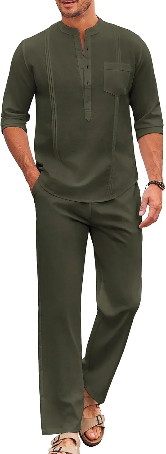 Men's 2 Piece Set Long Sleeve Casual Henley Shirts Loose Pants Set Lounge Vacation Outfits Summer Beach Set