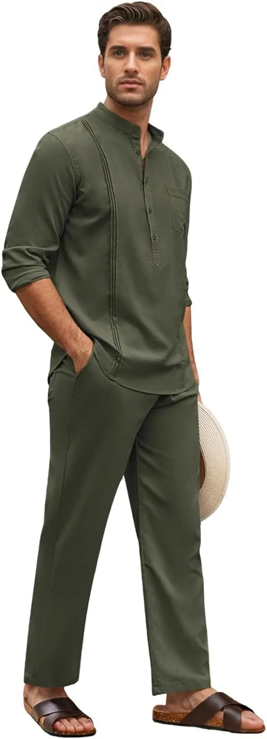 Men's 2 Piece Set Long Sleeve Casual Henley Shirts Loose Pants Set Lounge Vacation Outfits Summer Beach Set