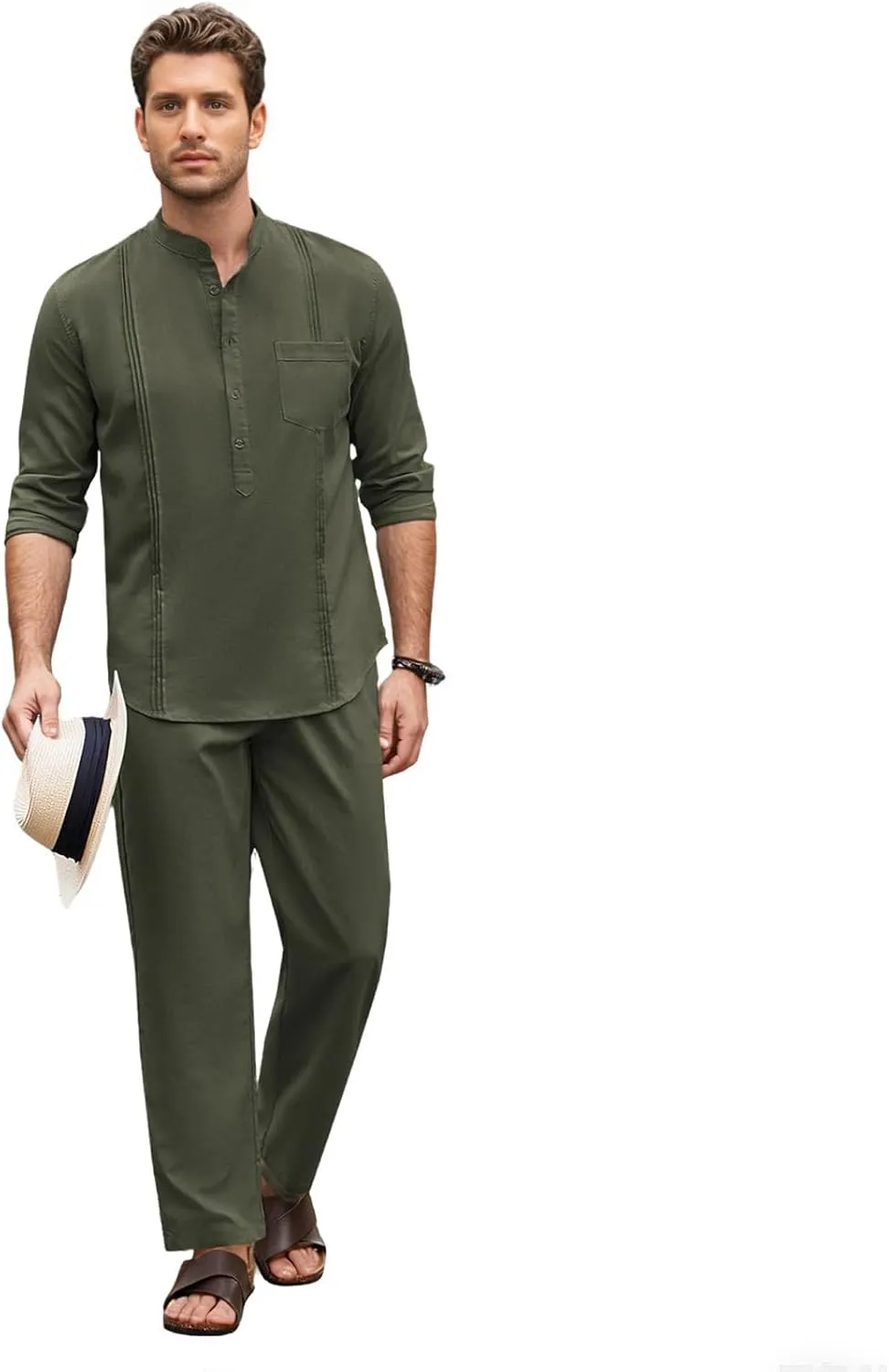 Men's 2 Piece Set Long Sleeve Casual Henley Shirts Loose Pants Set Lounge Vacation Outfits Summer Beach Set