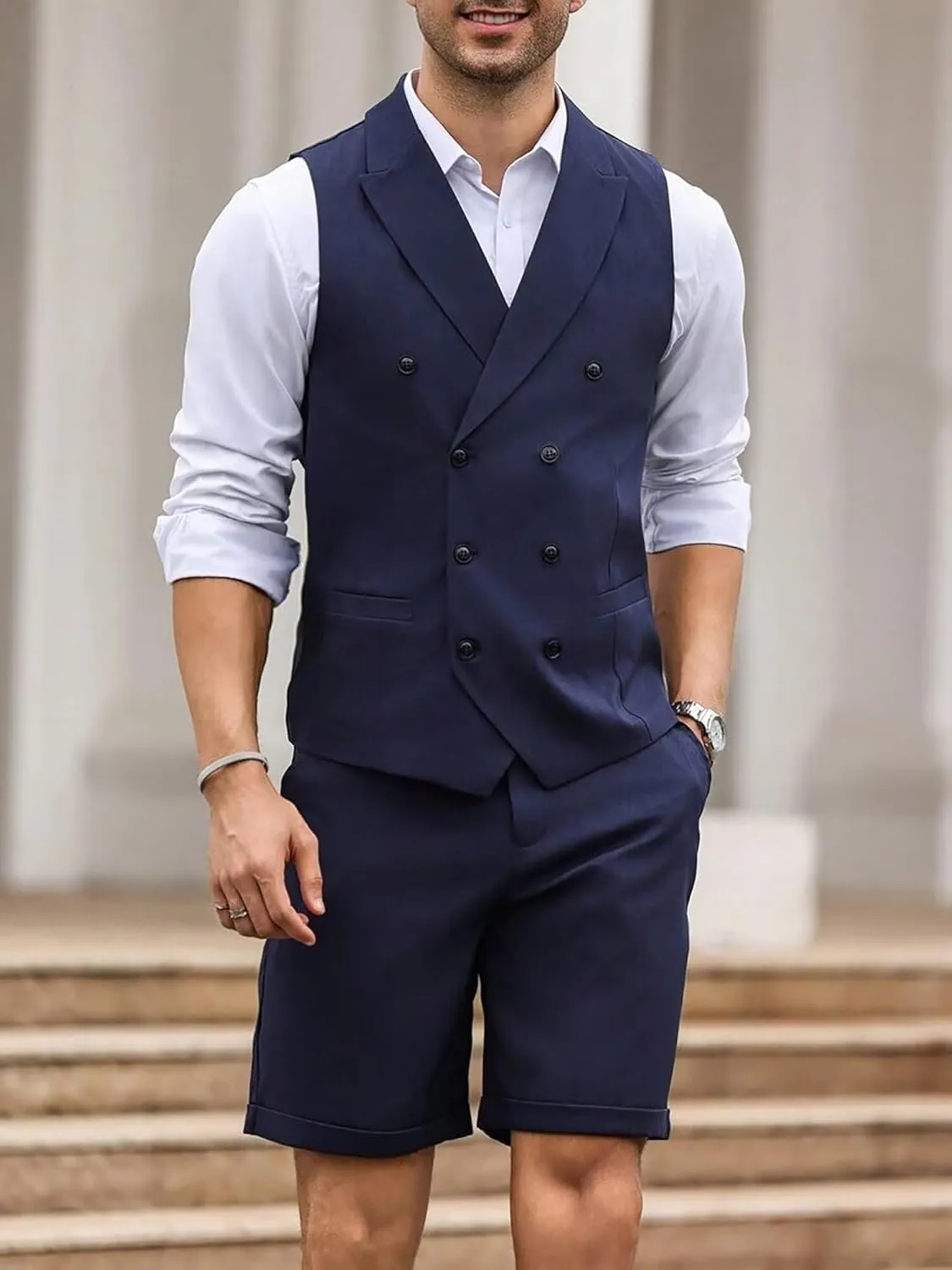 Men's 2 Piece Suits Slim Fit Wedding Suit Set Groomsmen Beach Vest Shorts Set Casual Waistcoat Set for Men