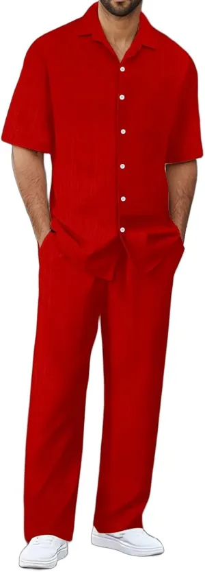Men's 2 Pieces Shirt Sets Casual Button Down Lapel Shirts and Loose Pants Outfits Hawaiian Dressy Work Beach Suit Set