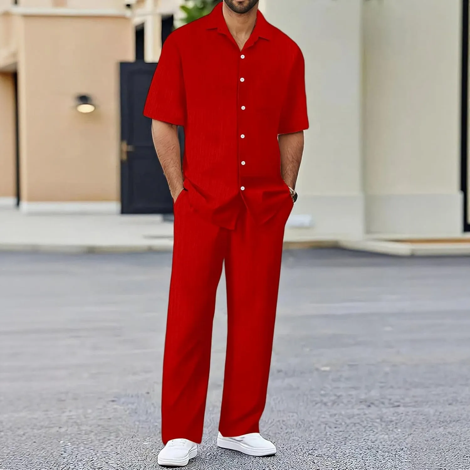 Men's 2 Pieces Shirt Sets Casual Button Down Lapel Shirts and Loose Pants Outfits Hawaiian Dressy Work Beach Suit Set