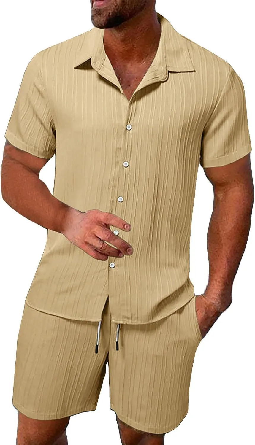 Men's 2 Pieces Short Sets Casual Cotton Linen Short Sleeve Button Down Shirt and Short Sets Summer Beach Outfits