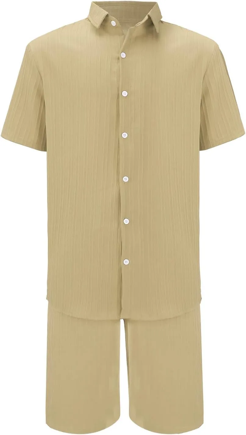 Men's 2 Pieces Short Sets Casual Cotton Linen Short Sleeve Button Down Shirt and Short Sets Summer Beach Outfits