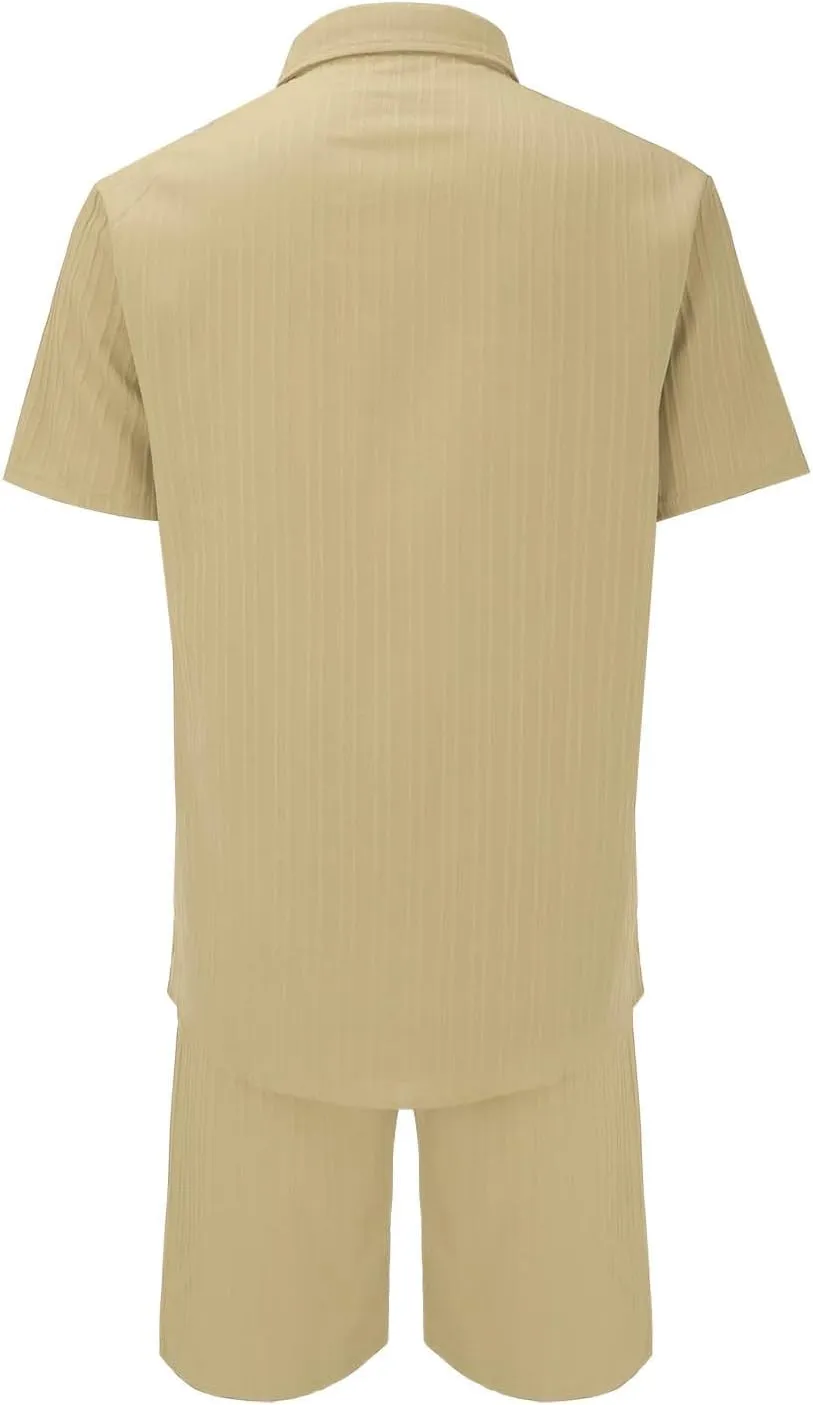 Men's 2 Pieces Short Sets Casual Cotton Linen Short Sleeve Button Down Shirt and Short Sets Summer Beach Outfits