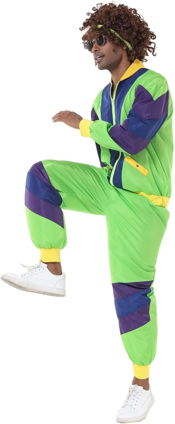 Mens 80s Tracksuit Retro Sportswear Adult Disco Tracksuits Hip Hop Sports Suit Colorblock Jacket Outfits Carnival Set
