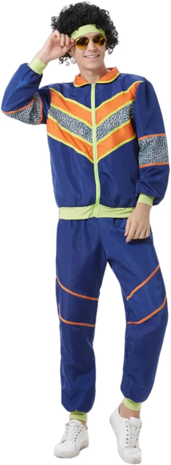 Mens 80s Tracksuit Retro Sportswear Adult Disco Tracksuits Hip Hop Sports Suit Colorblock Jacket Outfits Carnival Set