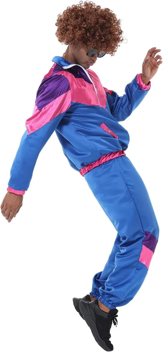 Mens 80s Tracksuit Retro Sportswear Adult Disco Tracksuits Hip Hop Sports Suit Colorblock Jacket Outfits Carnival Set
