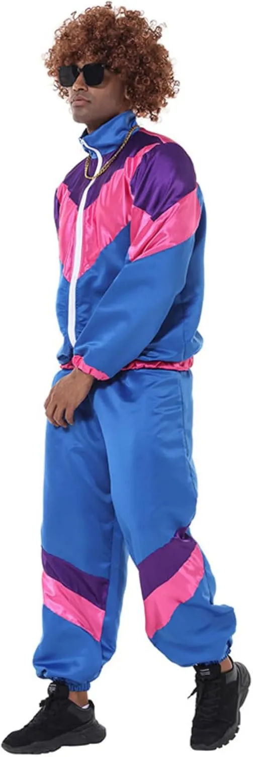 Mens 80s Tracksuit Retro Sportswear Adult Disco Tracksuits Hip Hop Sports Suit Colorblock Jacket Outfits Carnival Set