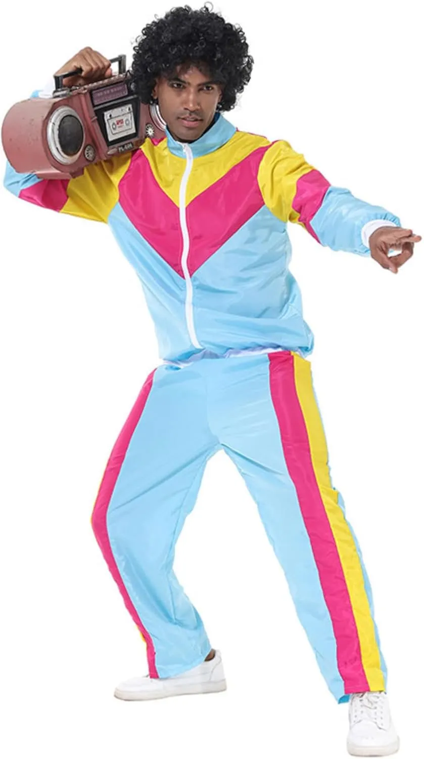 Mens 80s Tracksuit Retro Sportswear Adult Disco Tracksuits Hip Hop Sports Suit Colorblock Jacket Outfits Carnival Set