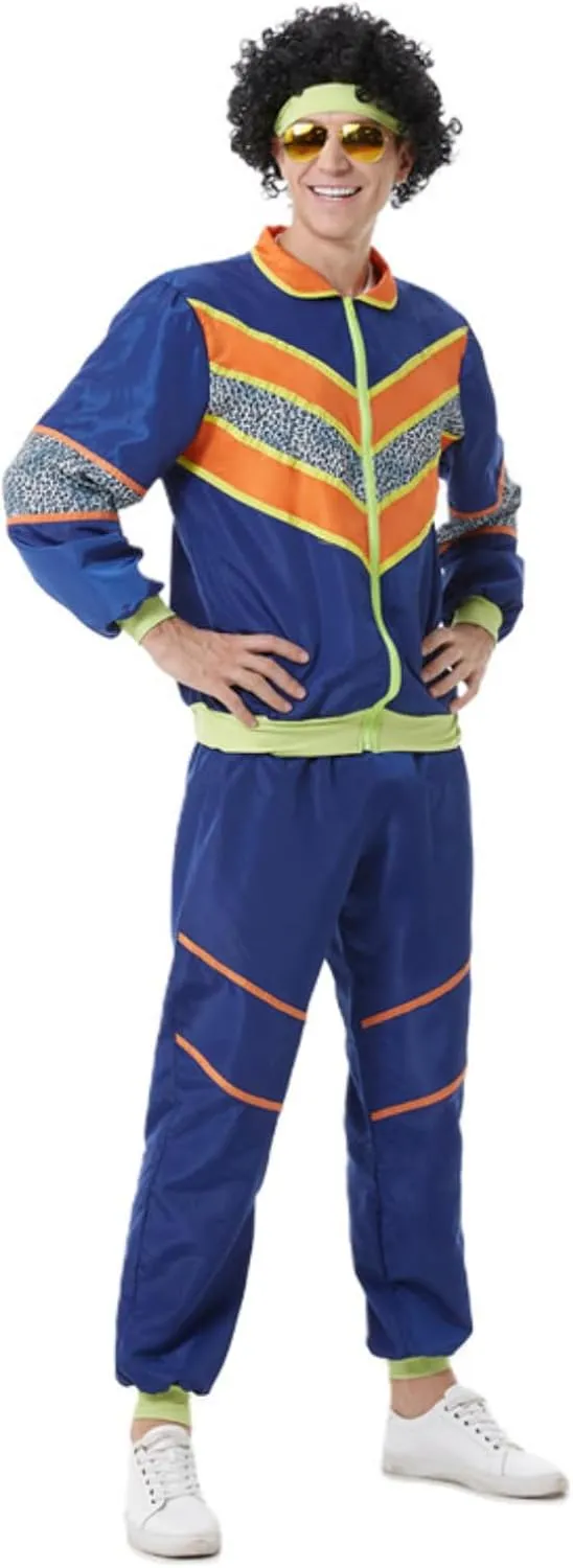 Mens 80s Tracksuit Retro Sportswear Adult Disco Tracksuits Hip Hop Sports Suit Colorblock Jacket Outfits Carnival Set