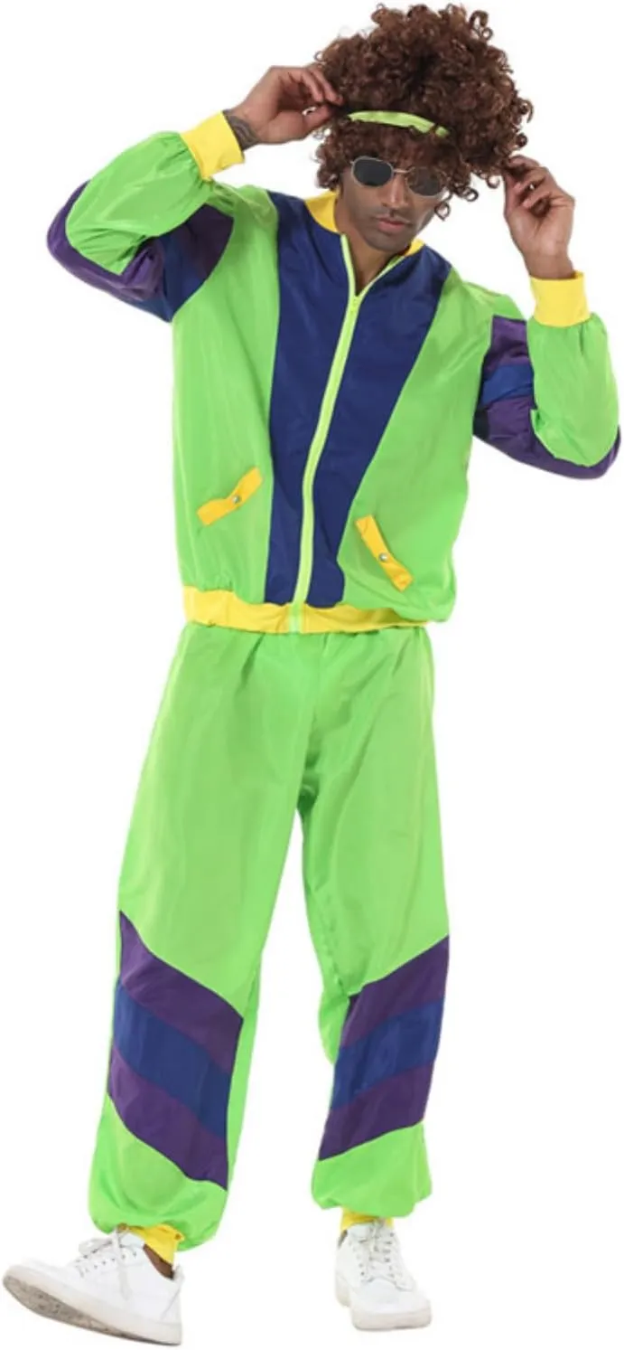 Mens 80s Tracksuit Retro Sportswear Adult Disco Tracksuits Hip Hop Sports Suit Colorblock Jacket Outfits Carnival Set