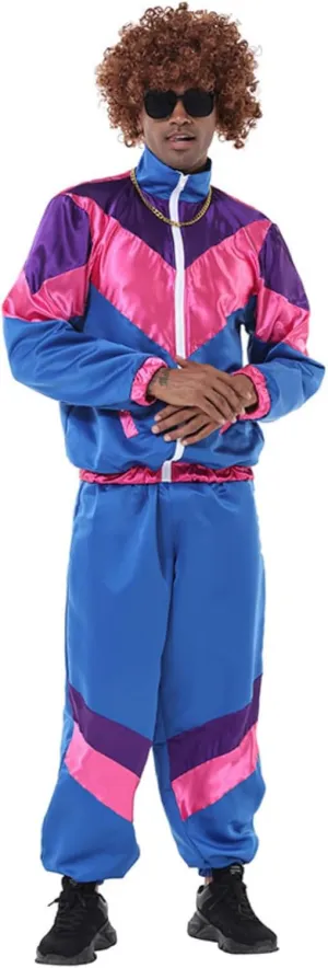 Mens 80s Tracksuit Retro Sportswear Adult Disco Tracksuits Hip Hop Sports Suit Colorblock Jacket Outfits Carnival Set