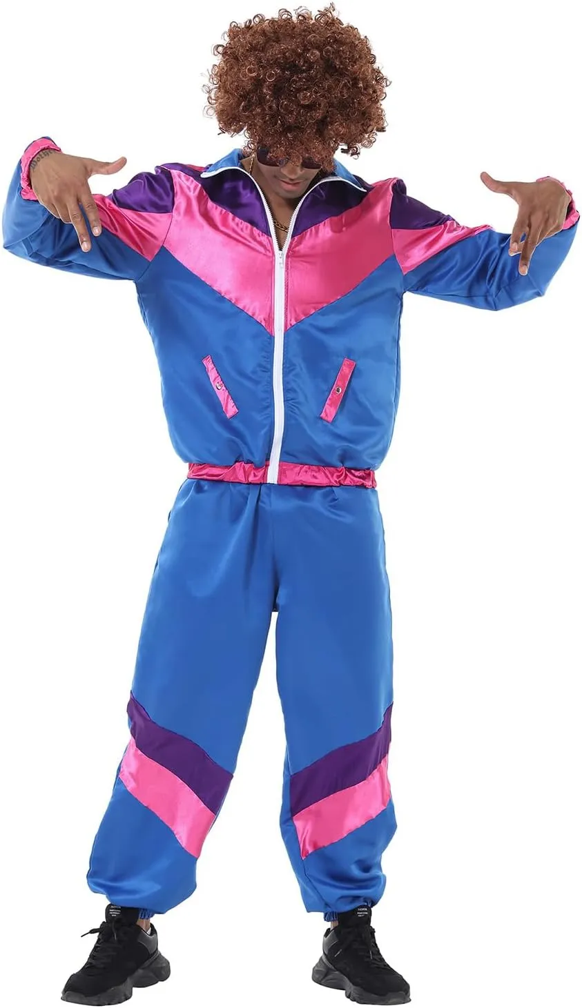 Mens 80s Tracksuit Retro Sportswear Adult Disco Tracksuits Hip Hop Sports Suit Colorblock Jacket Outfits Carnival Set