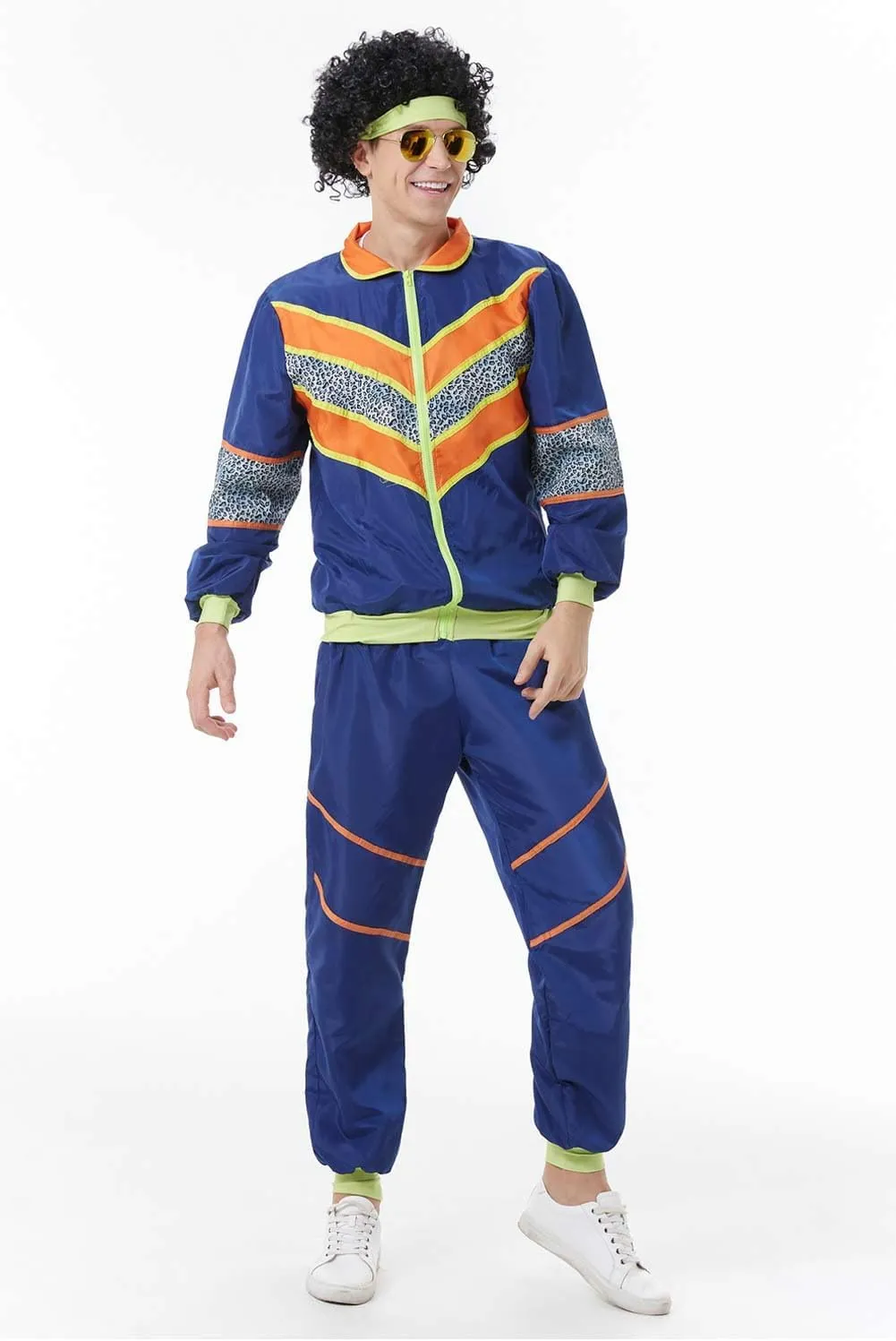 Mens 80s Tracksuit Retro Sportswear Adult Disco Tracksuits Hip Hop Sports Suit Colorblock Jacket Outfits Carnival Set