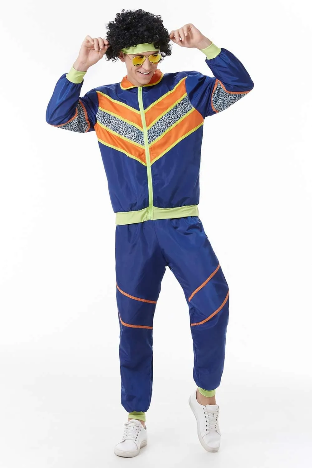 Mens 80s Tracksuit Retro Sportswear Adult Disco Tracksuits Hip Hop Sports Suit Colorblock Jacket Outfits Carnival Set