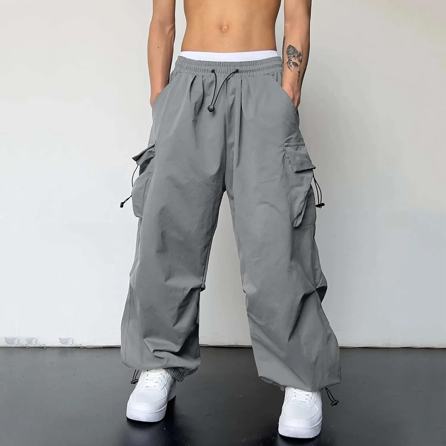 Men's Baggy Cargo Pants Casual Cotton Elasticated Waist Pant Work Pants Multi Pockets