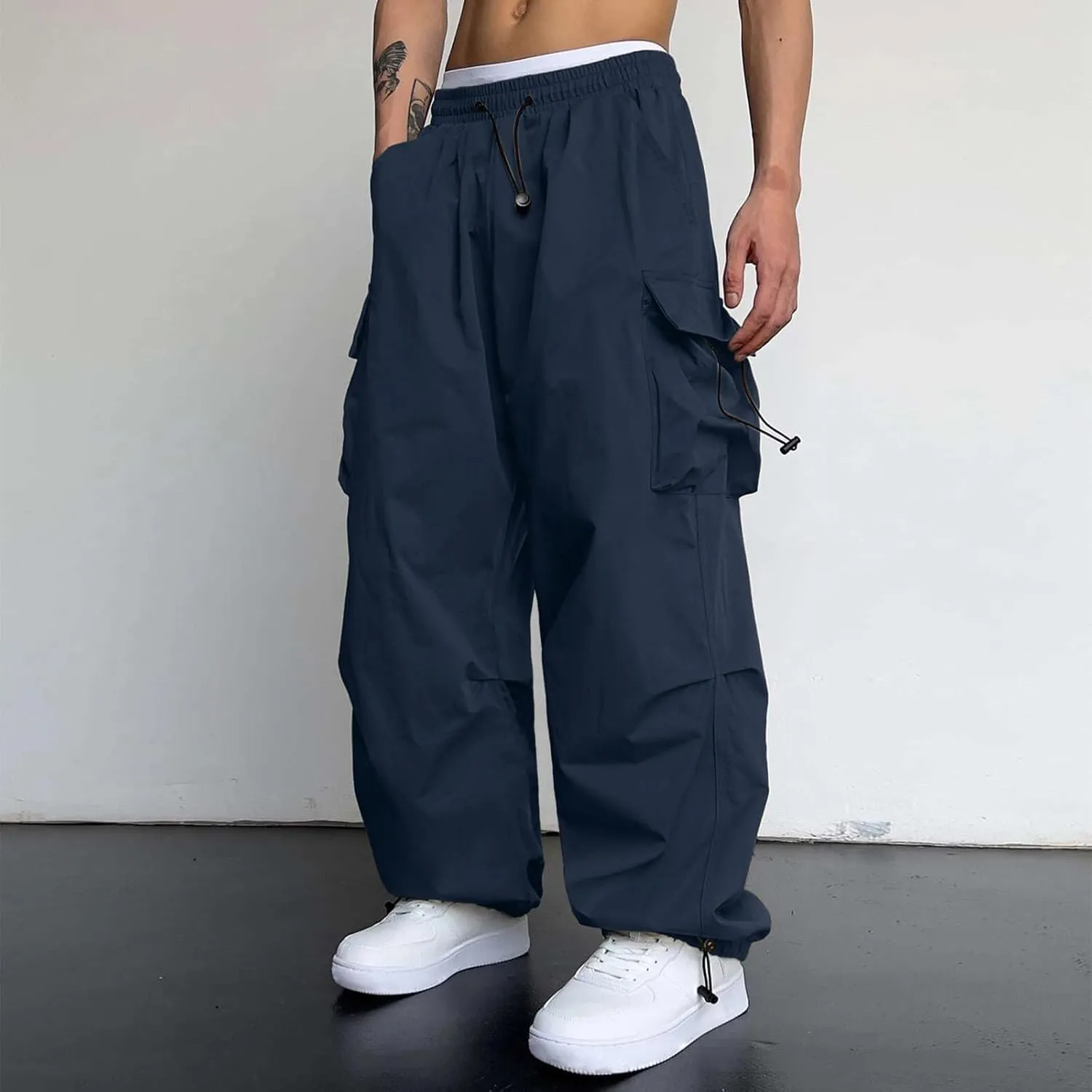 Men's Baggy Cargo Pants Casual Cotton Elasticated Waist Pant Work Pants Multi Pockets