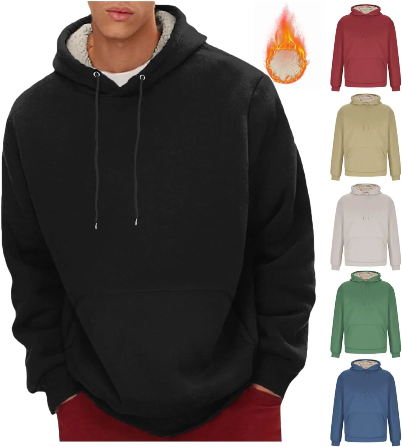 Mens Hoodies Heavyweight Fleece Lined Hoodie Warm Winter Pullover Thermal Hooded Sweatshirt with Kangaroo Pocket
