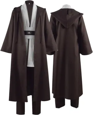 Mens Knight Tunic Cosplay Robe Costume Adult Brown Tunic Long Hooded Robe Uniform with Cloak