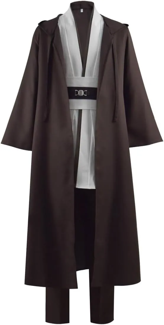 Mens Knight Tunic Cosplay Robe Costume Adult Brown Tunic Long Hooded Robe Uniform with Cloak