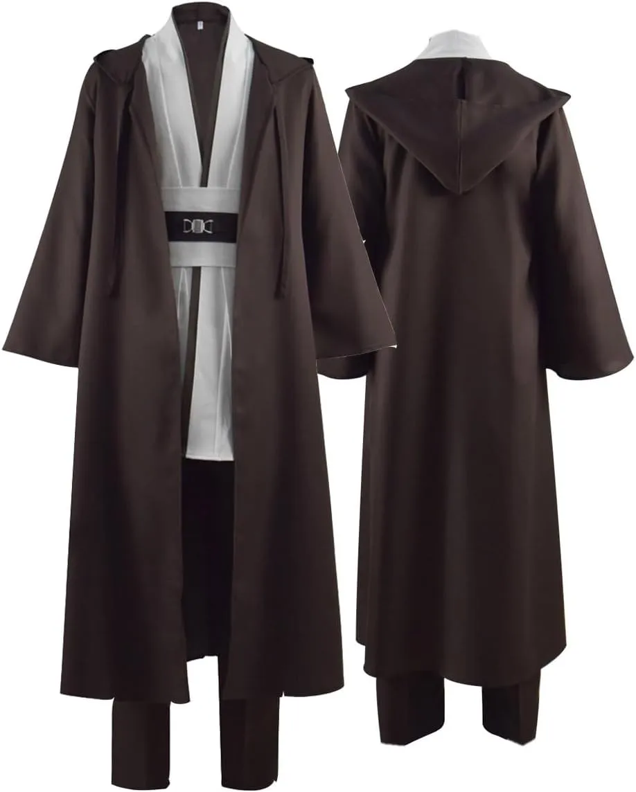 Mens Knight Tunic Cosplay Robe Costume Adult Brown Tunic Long Hooded Robe Uniform with Cloak