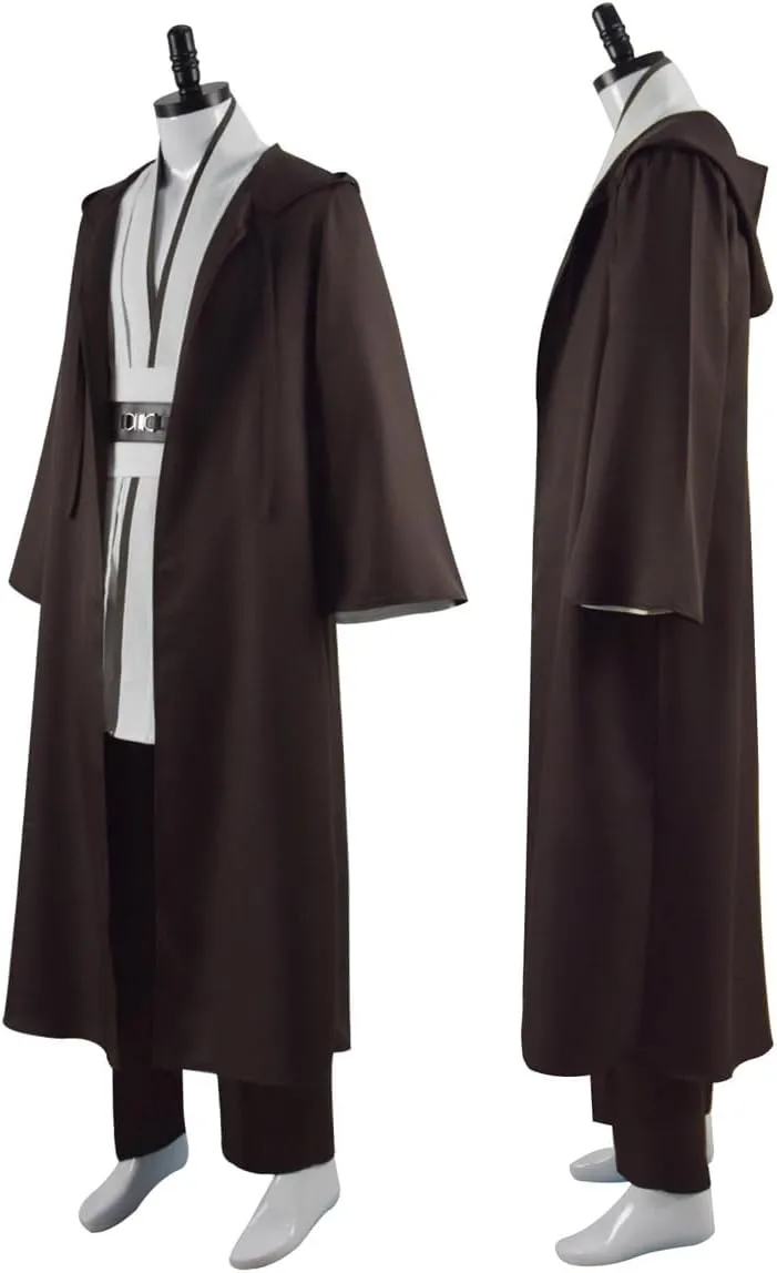 Mens Knight Tunic Cosplay Robe Costume Adult Brown Tunic Long Hooded Robe Uniform with Cloak