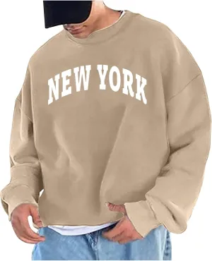 Men's Letter Graphic Print Pullover Crewneck New York Sweatshirt Casual Long Sleeve Tops Oversized Streetwear