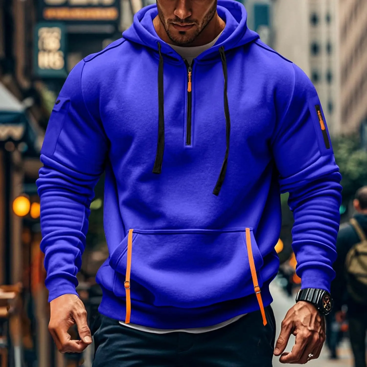 Mens Oversized Tactical Hoodie Fleece Quarter Zip Pullover Warm Work Hoodie Zip Pockets Plus Size Hooded Sweatshirt