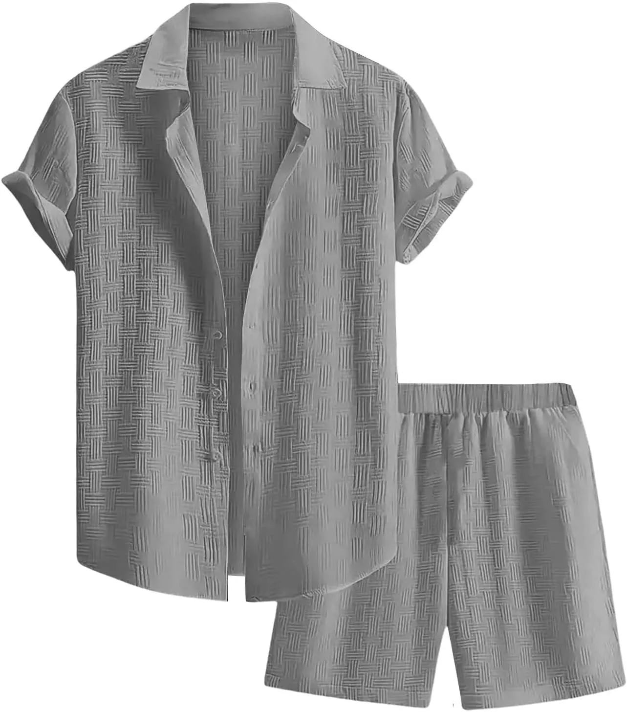 Men's Summer 2 Piece Outfit Set Short Sleeve Button Down Shirt Drawstring Shorts Lightweight Breathable Outfit Set