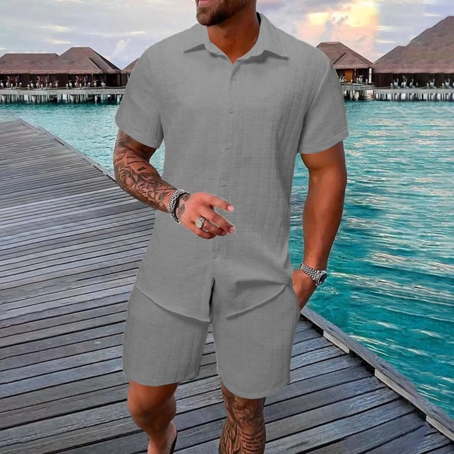 Men's Summer 2 Piece Outfit Set Short Sleeve Button Down Shirt Drawstring Shorts Lightweight Breathable Outfit Set