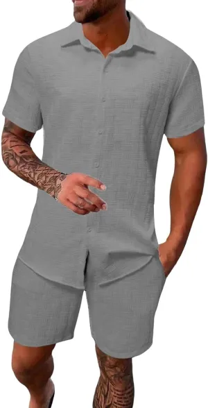 Men's Summer 2 Piece Outfit Set Short Sleeve Button Down Shirt Drawstring Shorts Lightweight Breathable Outfit Set