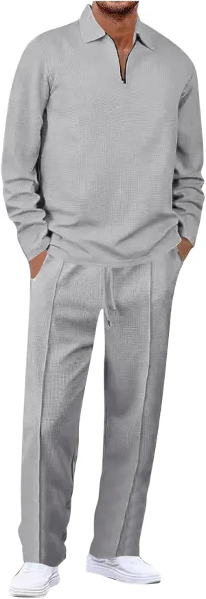 Mens Track Suits 2 Piece Set Waffle Quarter Zip Casual Athletic Jogging Outfits Long Sleeve Track Suits for Men Set