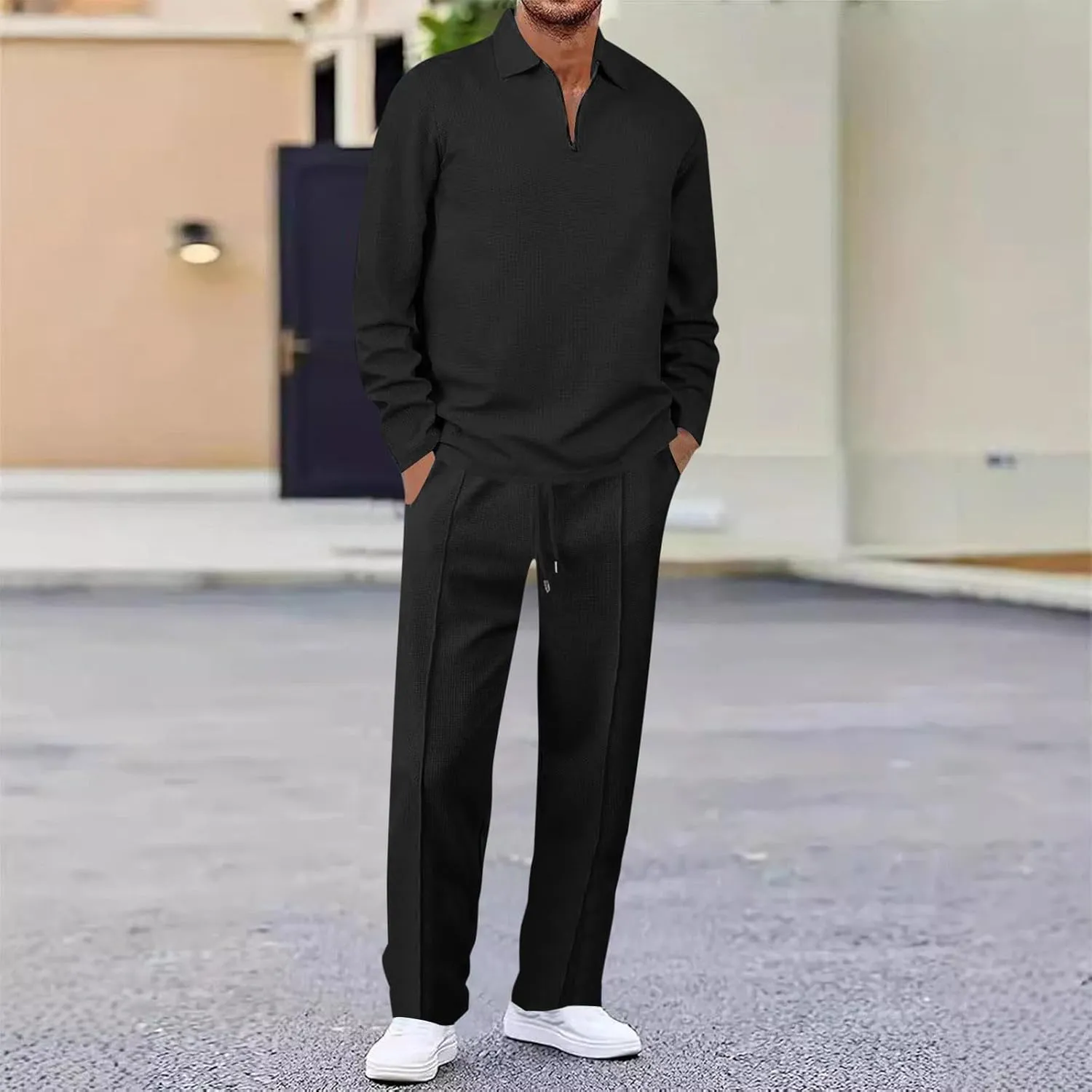 Mens Track Suits 2 Piece Set Waffle Quarter Zip Casual Athletic Jogging Outfits Long Sleeve Track Suits for Men Set